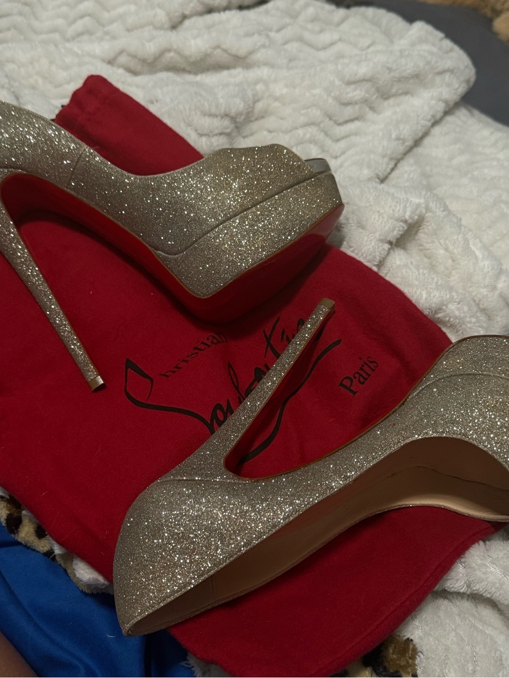 Christian Louboutin Gold Glitter Platform Pumps with Red Soles
